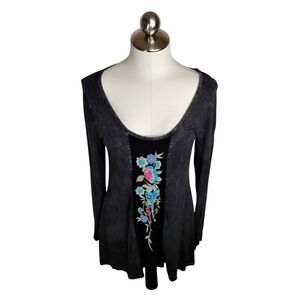 T-Party Tunic Top Women S Gray Acid Wash Floral Embroidered Velvet Panel USA